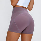 Anti-sweat Plain Sport Athletic Shorts Women High Waisted Soft Cotton Feel Fitness Yoga Shorts with Two Side Pocket - Dollarwoods