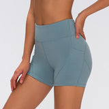 Anti-sweat Plain Sport Athletic Shorts Women High Waisted Soft Cotton Feel Fitness Yoga Shorts with Two Side Pocket - Dollarwoods