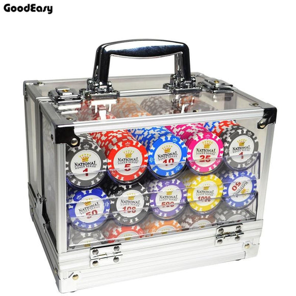 100/1000PCS Casino Poker Chip Sets Gold Crown Texas Hold'em Baccarat Black Jack Poker Clay Chip Coins Acylic Box Trays - Dollarwoods